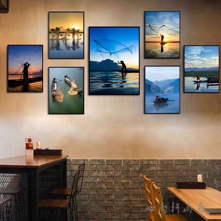 海鲜餐厅饭店装饰画酒楼酒店火锅店挂画餐馆渔船渔民捕鱼风景壁画