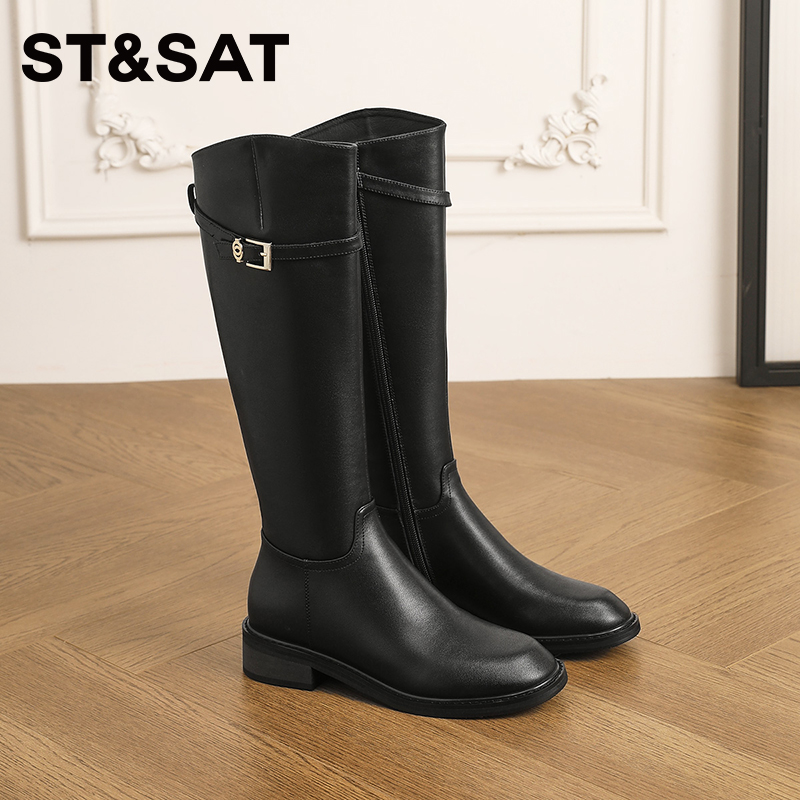 星期六长筒靴黑色骑士靴女2025冬季新款大筒围低跟高筒显瘦长靴