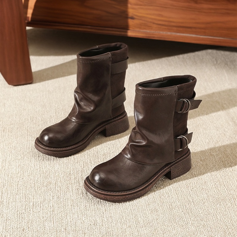 星期六复古裤管靴骑士短靴女款2025新款冬季厚底马丁靴西部牛仔靴