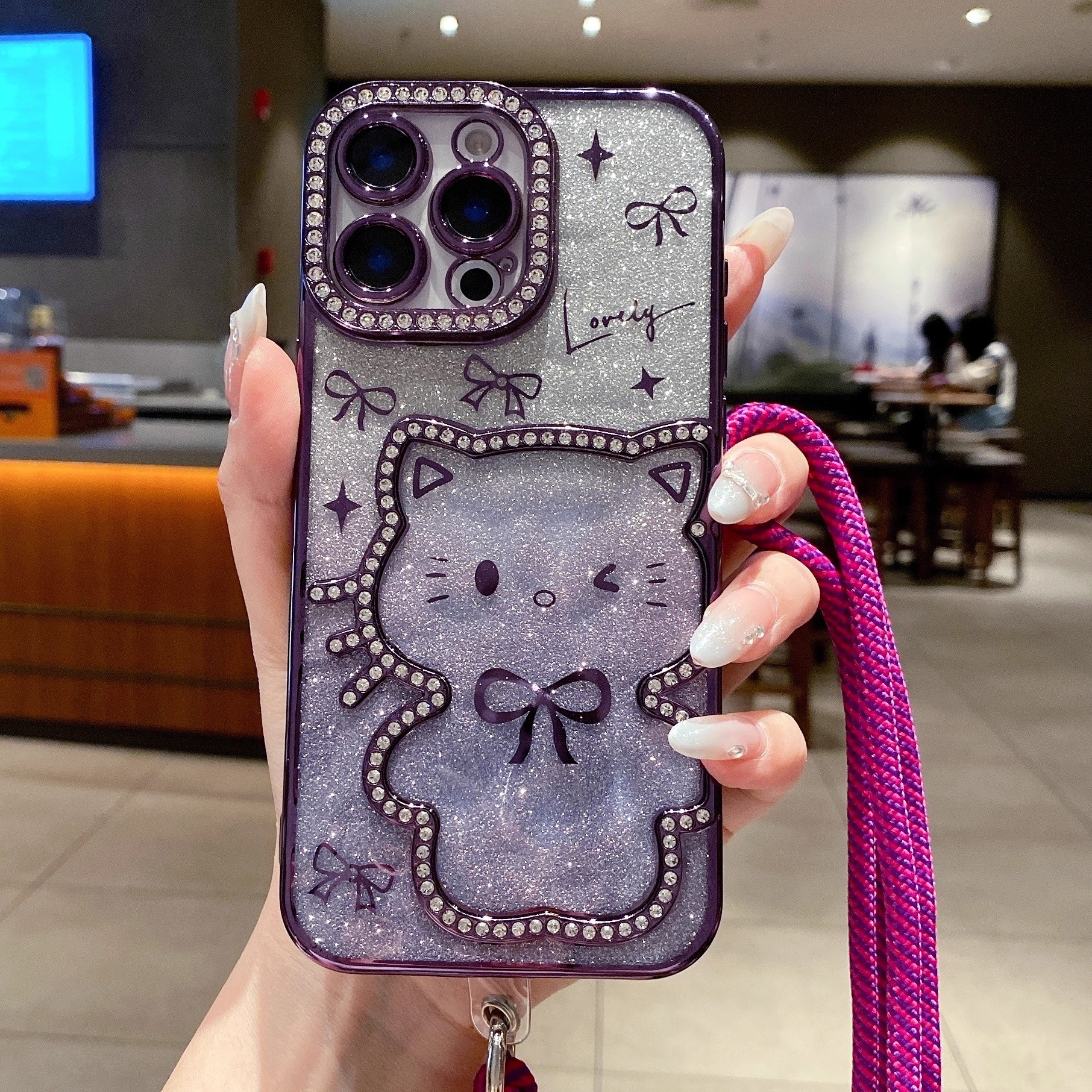 立体可爱猫适用苹果16Pro手机壳iPhone15PM渐变闪粉14斜挎绳13/12