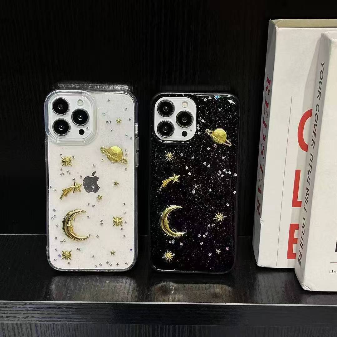 适用苹果16的透明闪粉手机壳iphone15pro星球月亮高级感14promax