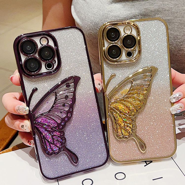 流沙蝴蝶适用苹果17promax手机壳iPhone15渐变闪粉16女款14PM