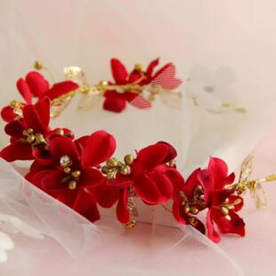 敬酒服头饰新娘红色头花发箍三件套新款简单大气结婚纱礼服发饰品