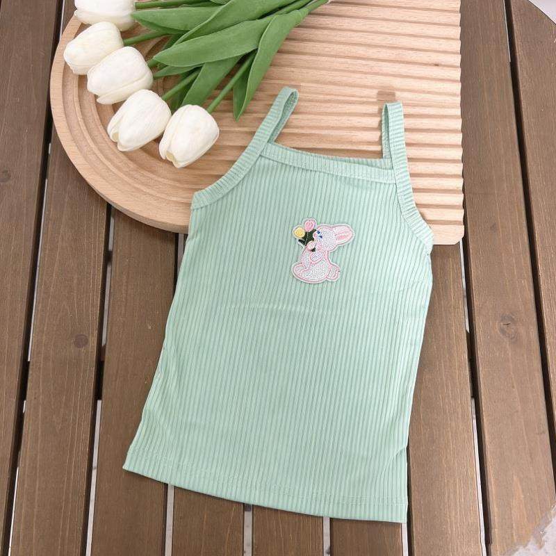 2024女宝无袖上衣卡通刺绣针织修身弹力背心女童吊带衫糖果色夏装