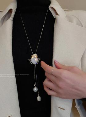 韩国气质猫眼郁金香毛衣链洋气秋冬网红个性长款项链衣服配饰