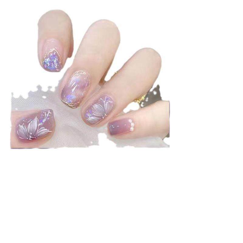 高级感爆闪紫色猫眼穿戴甲纯欲风蝴蝶亮片美甲手工定制显白短梯款