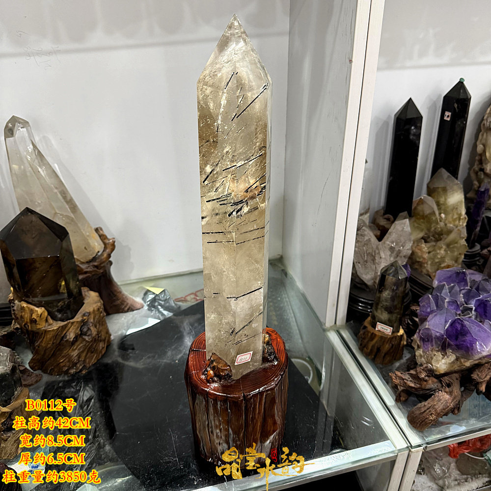 黑发晶柱摆件 黑碧玺共生 天然水晶原石打磨 单尖六棱柱 晶体透