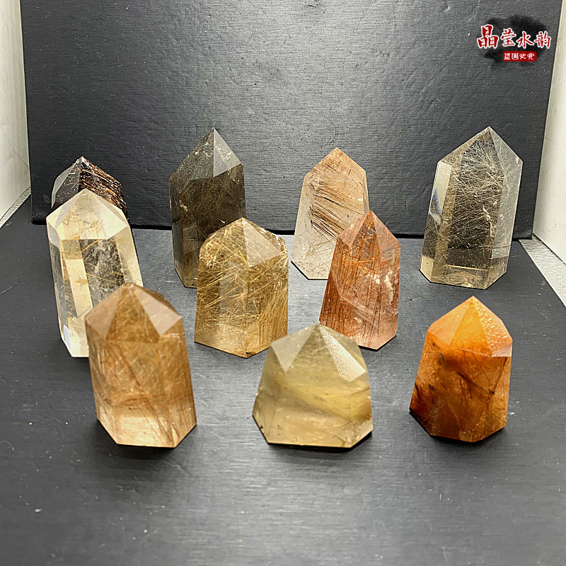 多款 天然发晶柱摆件 水晶柱原石打磨 金发晶 铜发晶黑发晶单尖柱