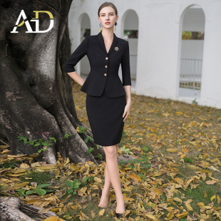 AD酒店前台工装套装女夏季中袖工作服黑色小香风西装套裙修身显瘦
