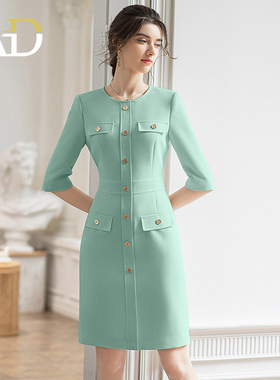AD法式小香风圆领连衣裙2022秋装新款淑女纯色修身裙子主持人正装