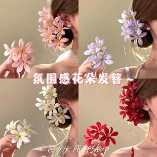 2026春夏新款氛围感红色花朵发簪中式头花发饰高级感侧边发卡头饰