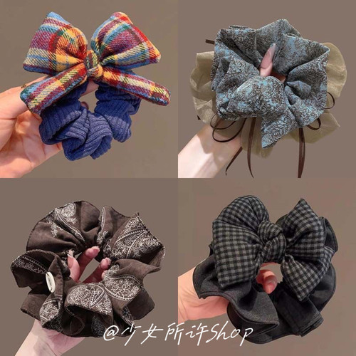 韩系格纹蝴蝶结针织发圈