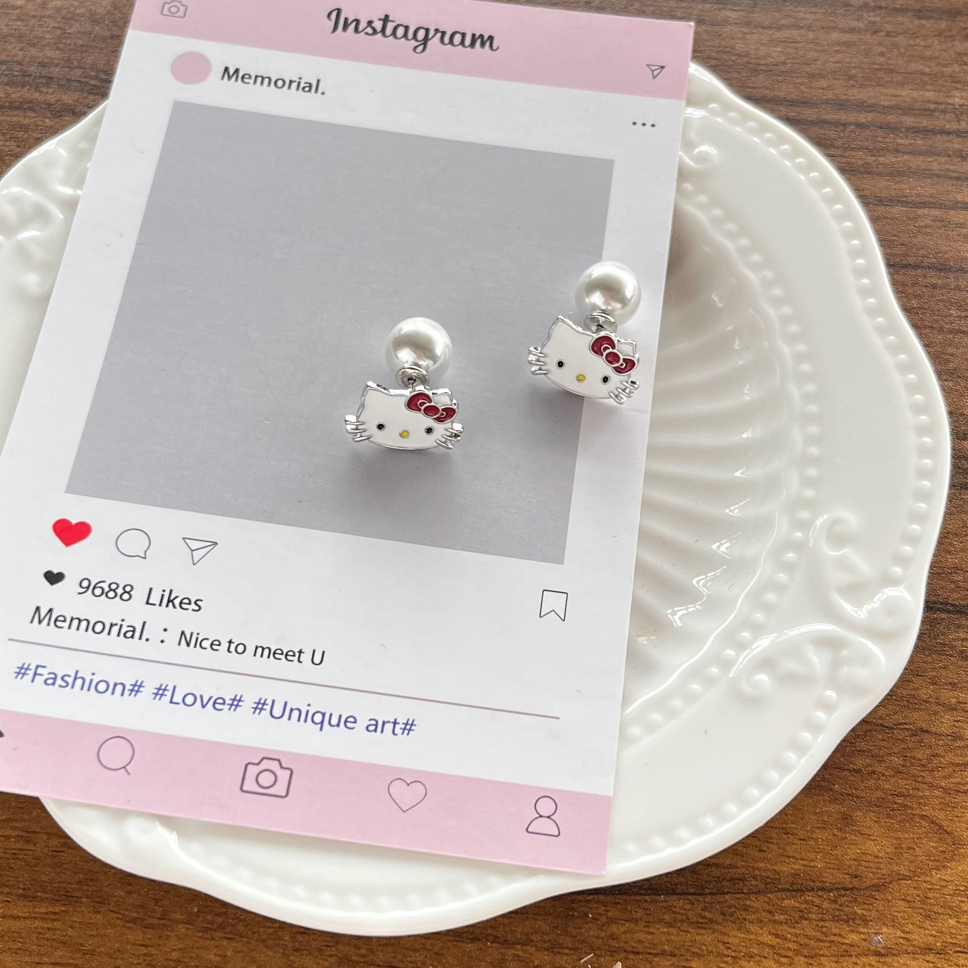 韩国可爱白色kt猫咪珍珠耳钉