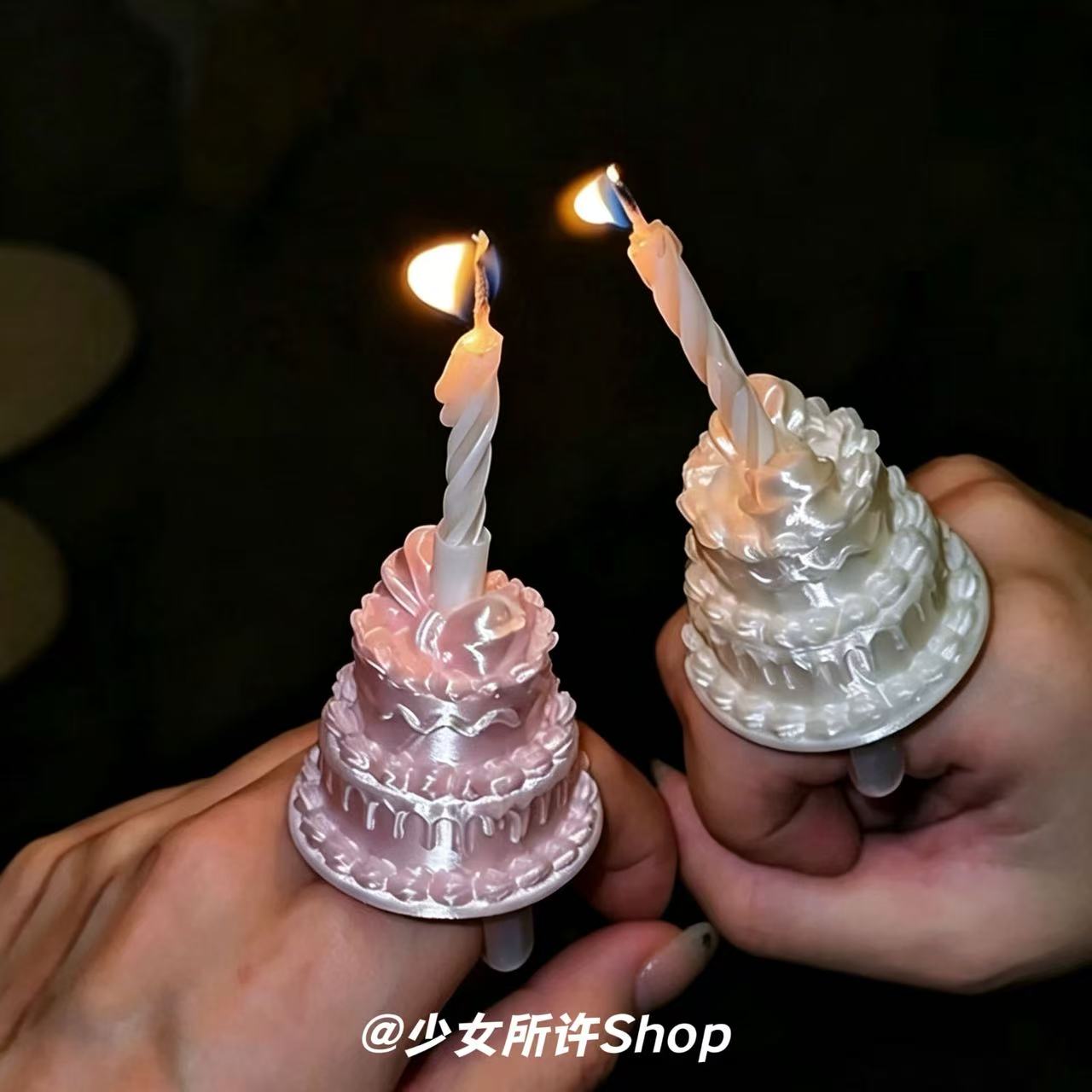 复古珠光蛋糕戒指蜡烛可点燃氛围感生日拍照道具小众趣味装饰指环