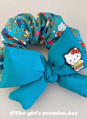 超显白高级湖蓝色蝴蝶结发绳Kitty印花韩国质感发圈