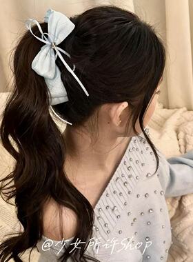 韩系蓝色波点缎面蝴蝶结香蕉夹撞色发夹少女心百搭高马尾夹竖夹女