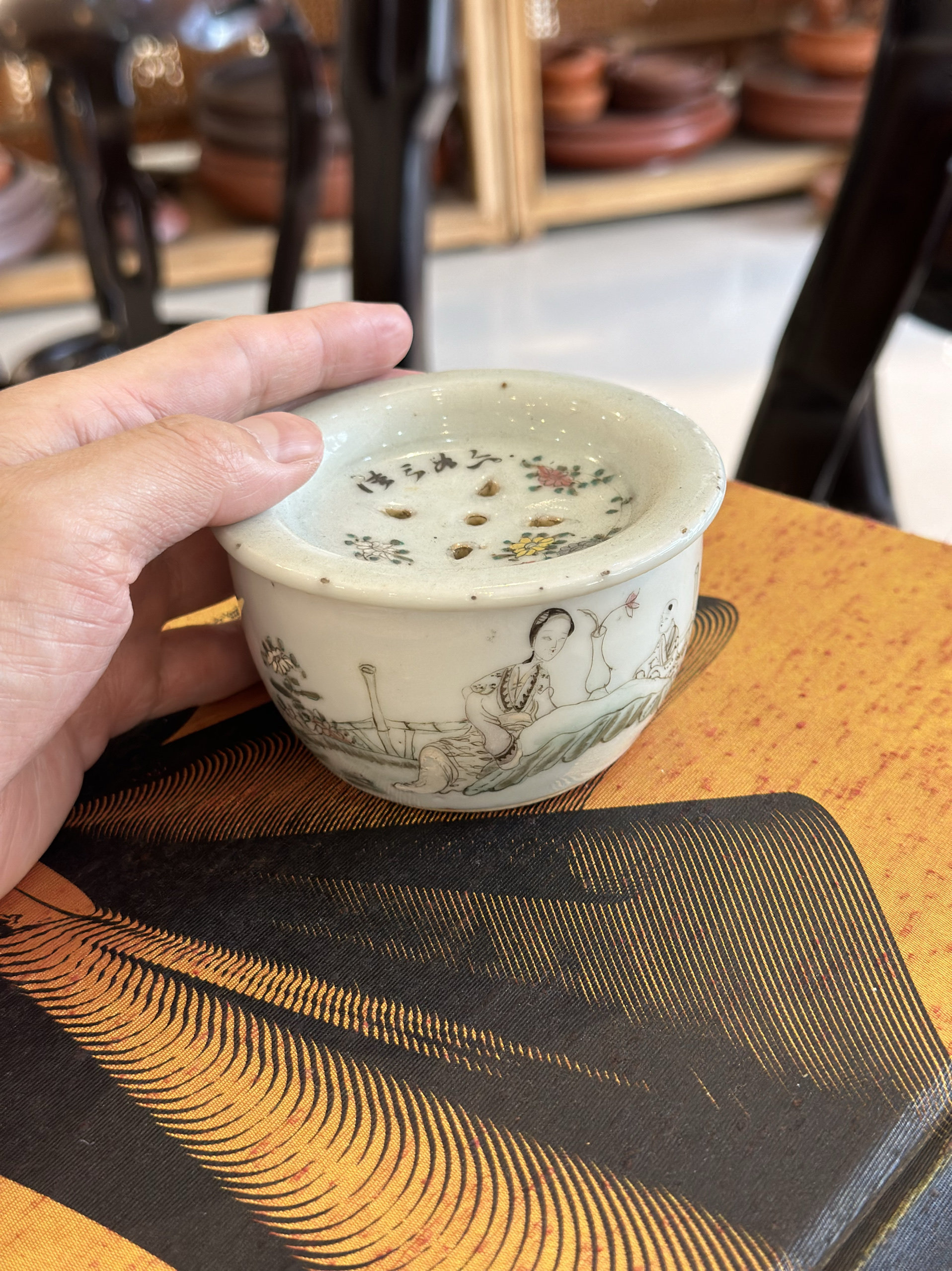 民国手绘粉彩仕女图小水盂 陶瓷茶托