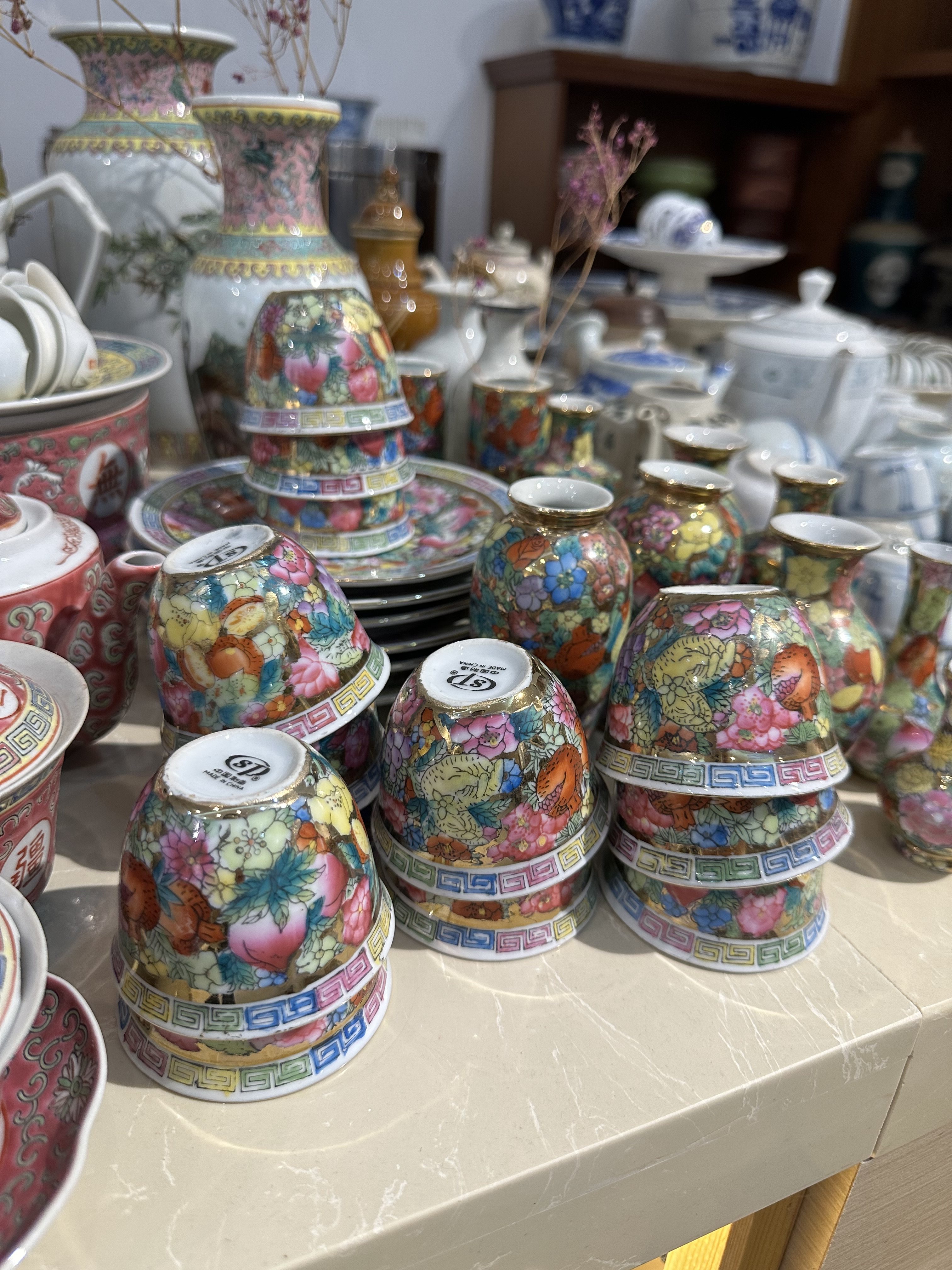 七十年代潮州彩瓷厂 金地万花茶杯托盘 中国制造出口创汇陶瓷茶具