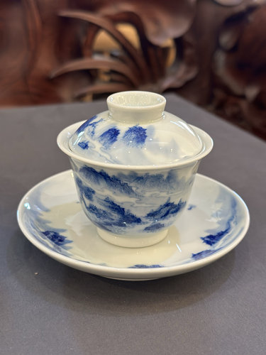 若深珍藏青花山水图小盖碗 景德镇陶瓷功夫茶具 三才茶碗 80CC