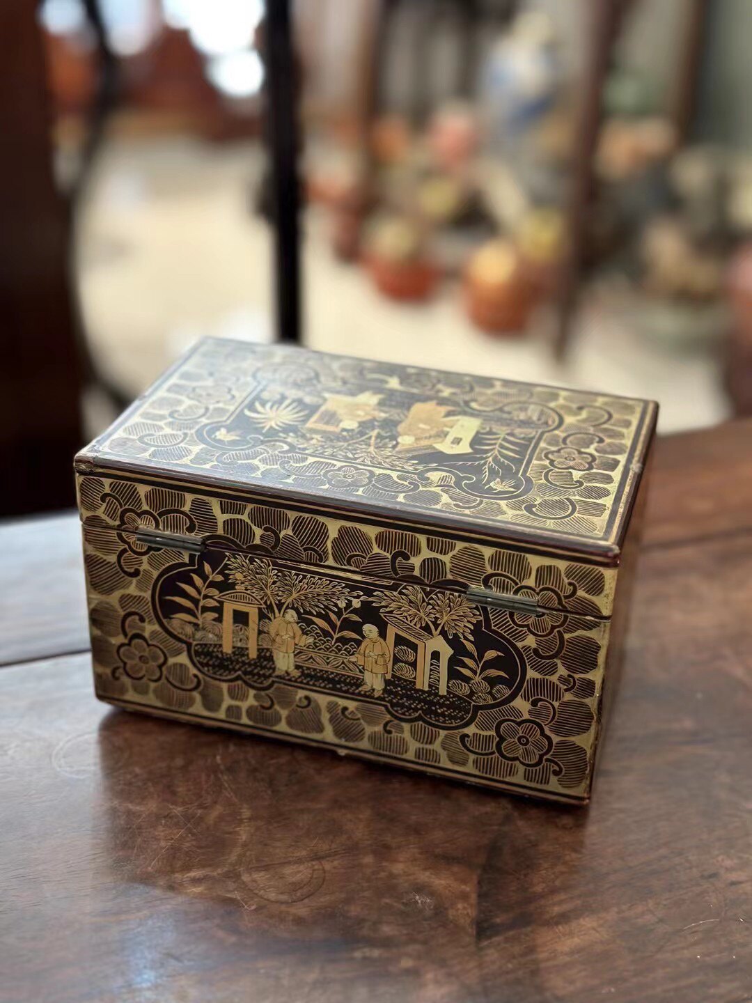 清末民国十三行大漆铁笔画首饰盒 老木雕木器四方木盒 福临香木坊
