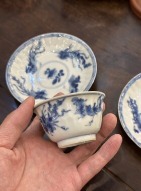 回流清代康熙青花牡丹引凤杯碟 精美陶瓷瓜楞型花口茶杯 红茶杯组