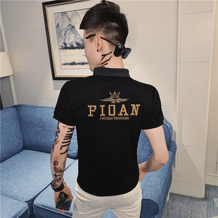 纯棉男士短袖T恤男POLO衫修身半袖夏季潮流刺绣男生帅气翻领上衣