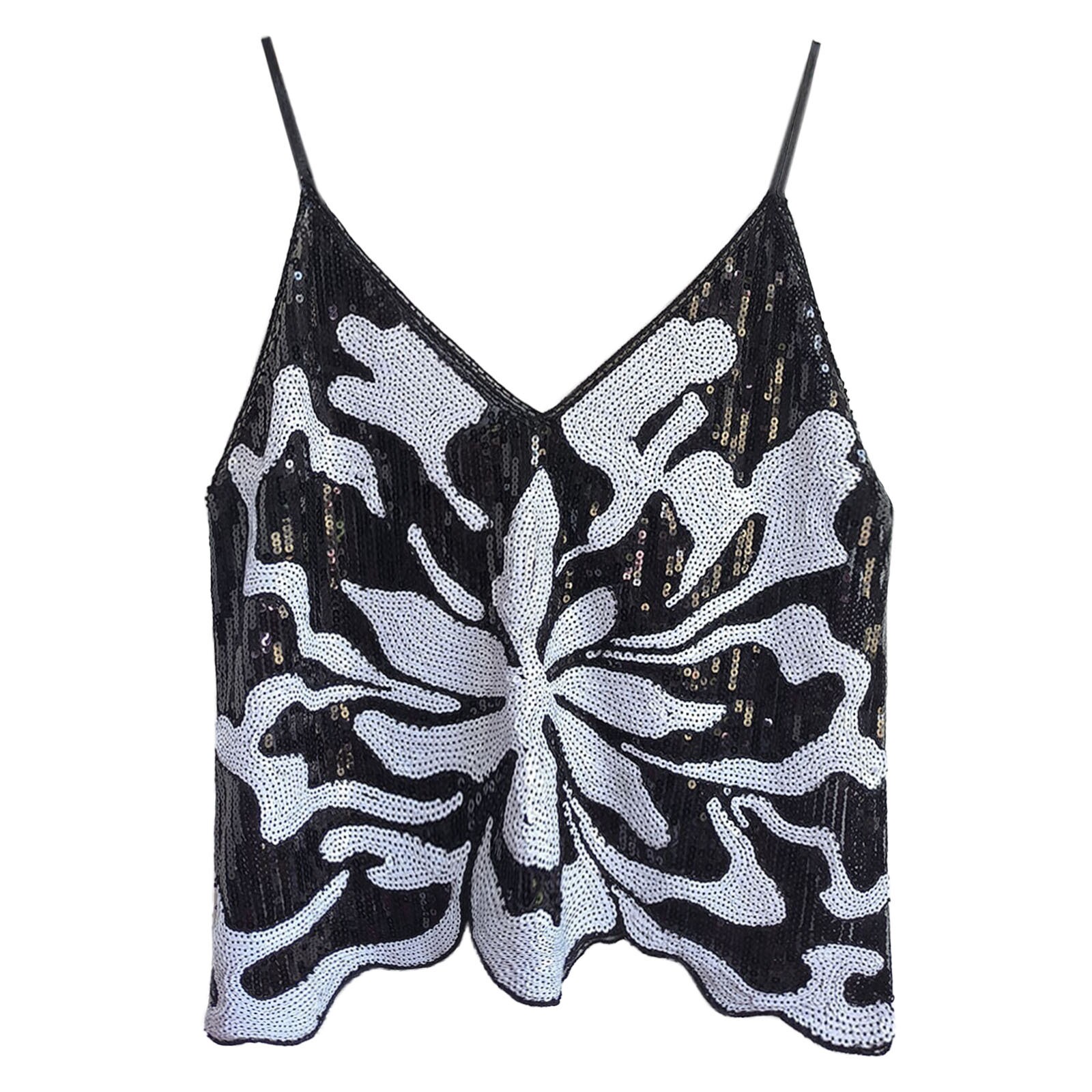 跨境小众新款欧美时尚派对V领亮片吊带女上衣小衫奢华闪亮T恤个性