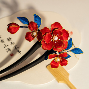 非遗绒花发簪发钗檀木新中式掐死缠花红色秀禾新娘头饰汉服配饰