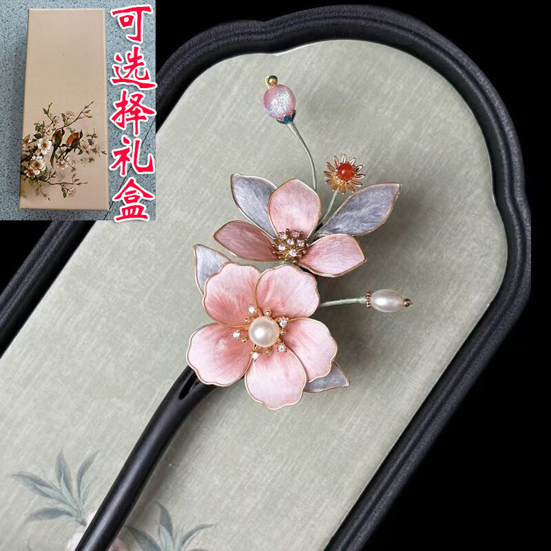 原创非遗绒花缠花发卡发簪檀木簪古风头饰盘发汉服配饰古装发钗