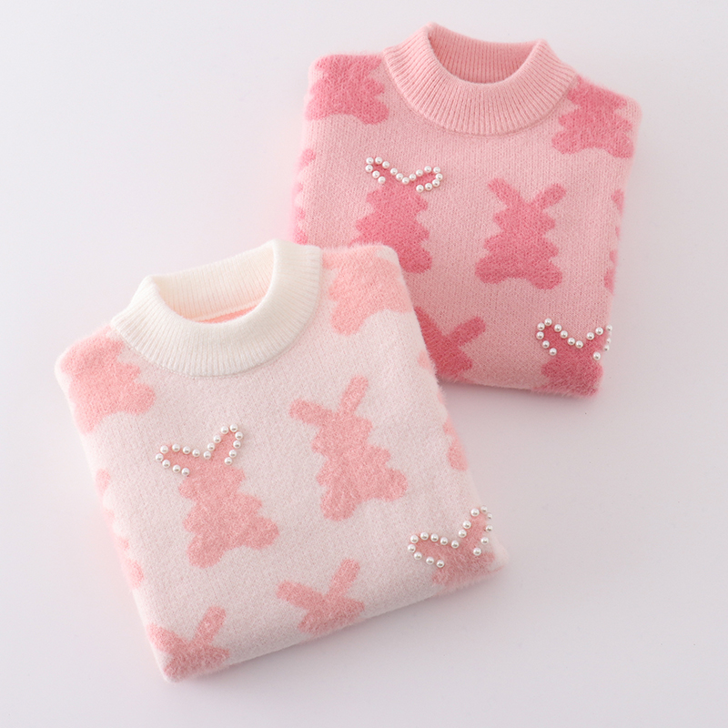 女童水貂绒毛衣圆领套头针织衫儿童加绒加厚女孩中大童打底衫外套