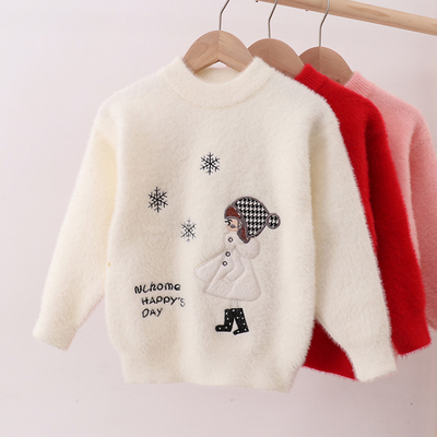 女童水貂绒毛衣女孩秋冬款圆领加绒加厚针织线衫儿童套头打底外套