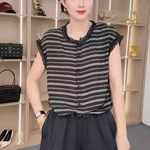 撤柜处理！时尚条纹木耳边圆领短袖夏季女装休闲薄款上衣