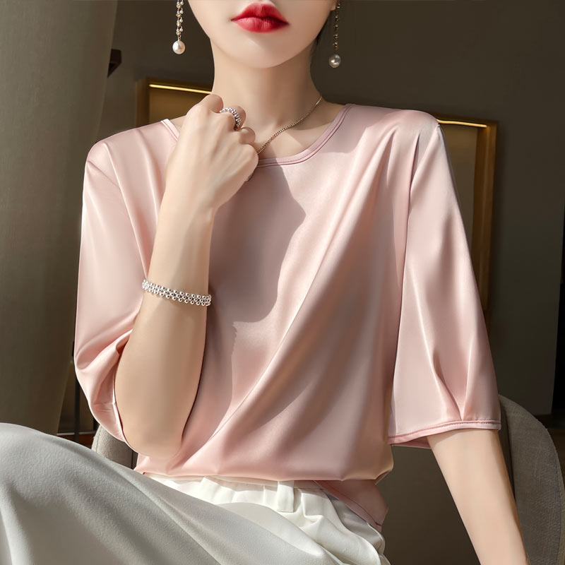 赔钱处理~真丝五分袖缎面t恤女2025夏季新款时尚百搭衫外穿打底衫