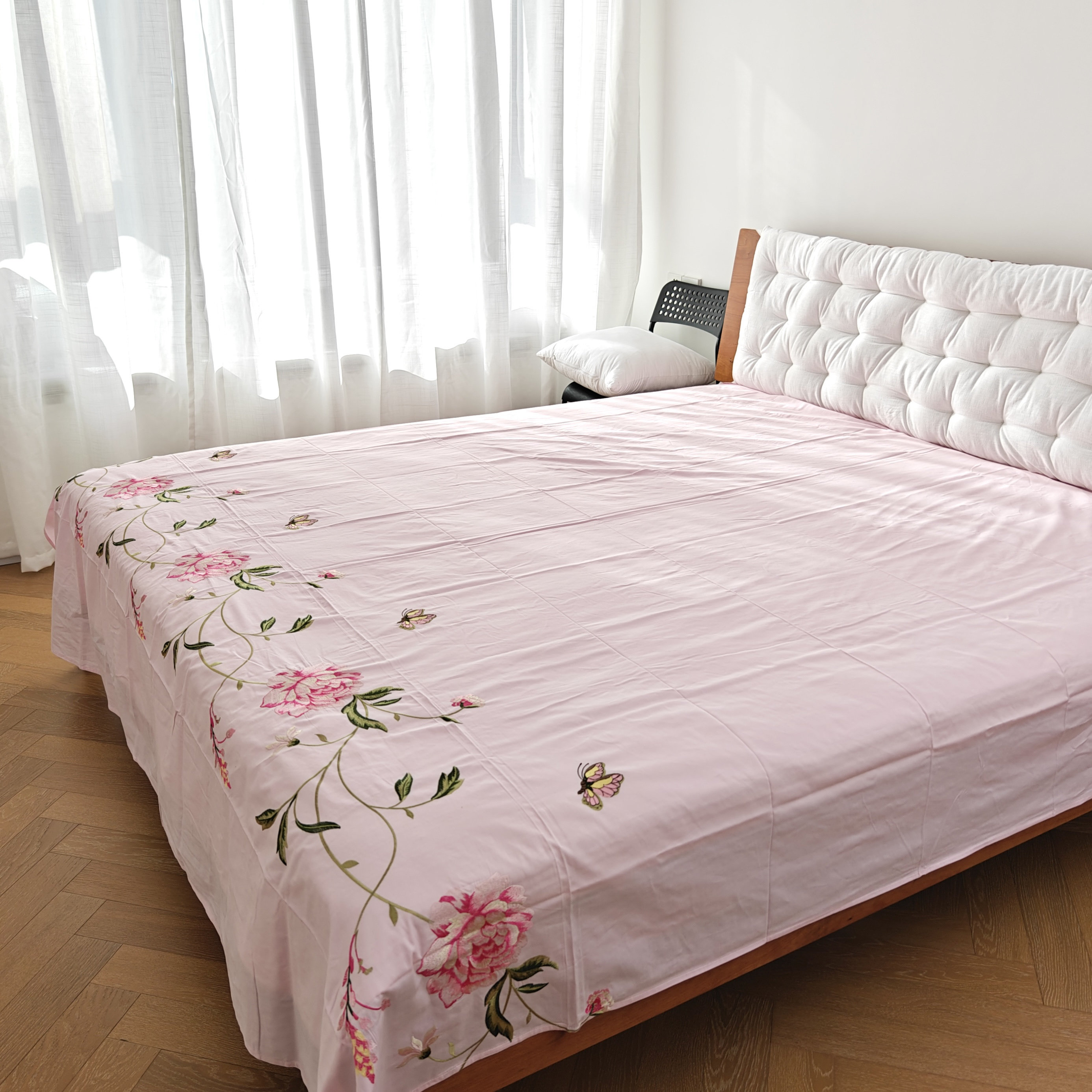 外贸纯棉单双人刺绣花床单斜纹全棉简约田园睡单粉色大花