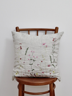 法国亚麻裤雨露麻9支加厚靠垫靠背抱枕套刺绣绣花无染色透气抑菌