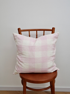 新品法国纯亚麻外贸出口水洗亚麻粉色格子抱枕靠垫套
