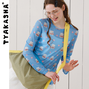 TYAKASHA塔卡沙女款上衣2026春季新款蓝色印花修身内搭打底衫上衣