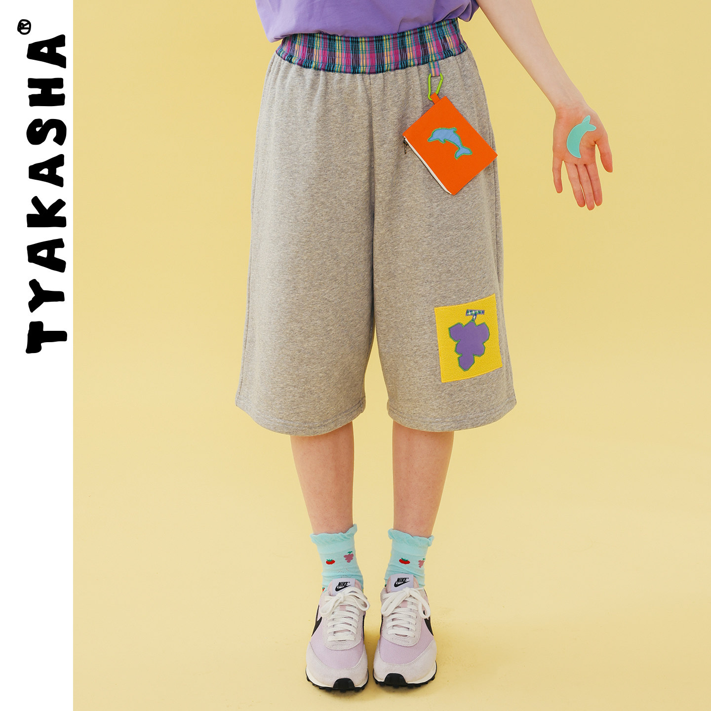 TYAKASHA塔卡沙女款裤子2026夏季新款灰色松紧腰休闲宽松短裤女