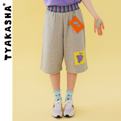TYAKASHA塔卡沙女款裤子2026夏季新款灰色松紧腰休闲宽松短裤女