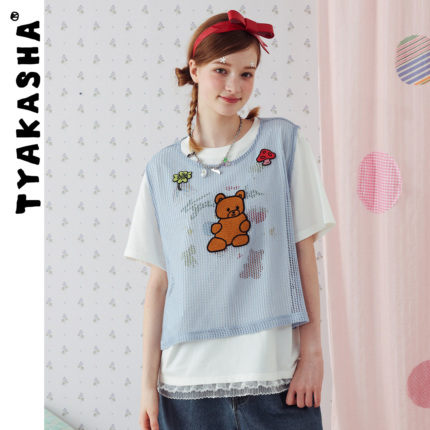 TYAKASHA塔卡沙背心女2026夏季新款趣味插画背心蓝色侧绑带背心