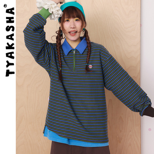 条纹长袖 TYAKASHA塔卡沙男女款 新款 2026春季 半拉链宽松上衣 POLO衫