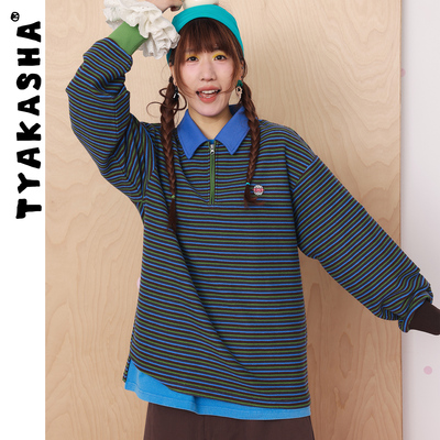TYAKASHA塔卡沙男女款POLO衫2026春季新款条纹长袖半拉链宽松上衣