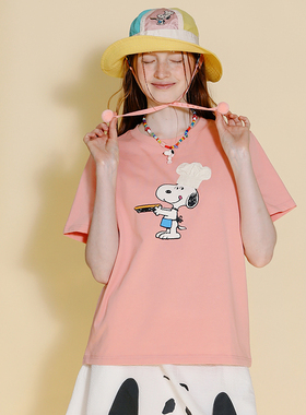 TYAKASHA塔卡沙X PEANUTS上衣女2025新款粉色短袖印花T恤休闲T女