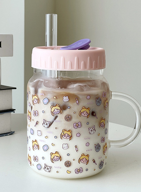 高颜值耐高温玻璃杯网红女生喝水杯大容量带把手牛奶果汁吸管杯子