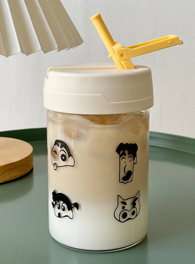 ins风高硼硅玻璃杯可爱女学生吸管杯卡通喝水杯咖啡牛奶果汁杯子