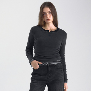 2025女染色螺纹长袖 直邮WHO.A.U 韩国代购 T恤WHLAF3831F 黑炭