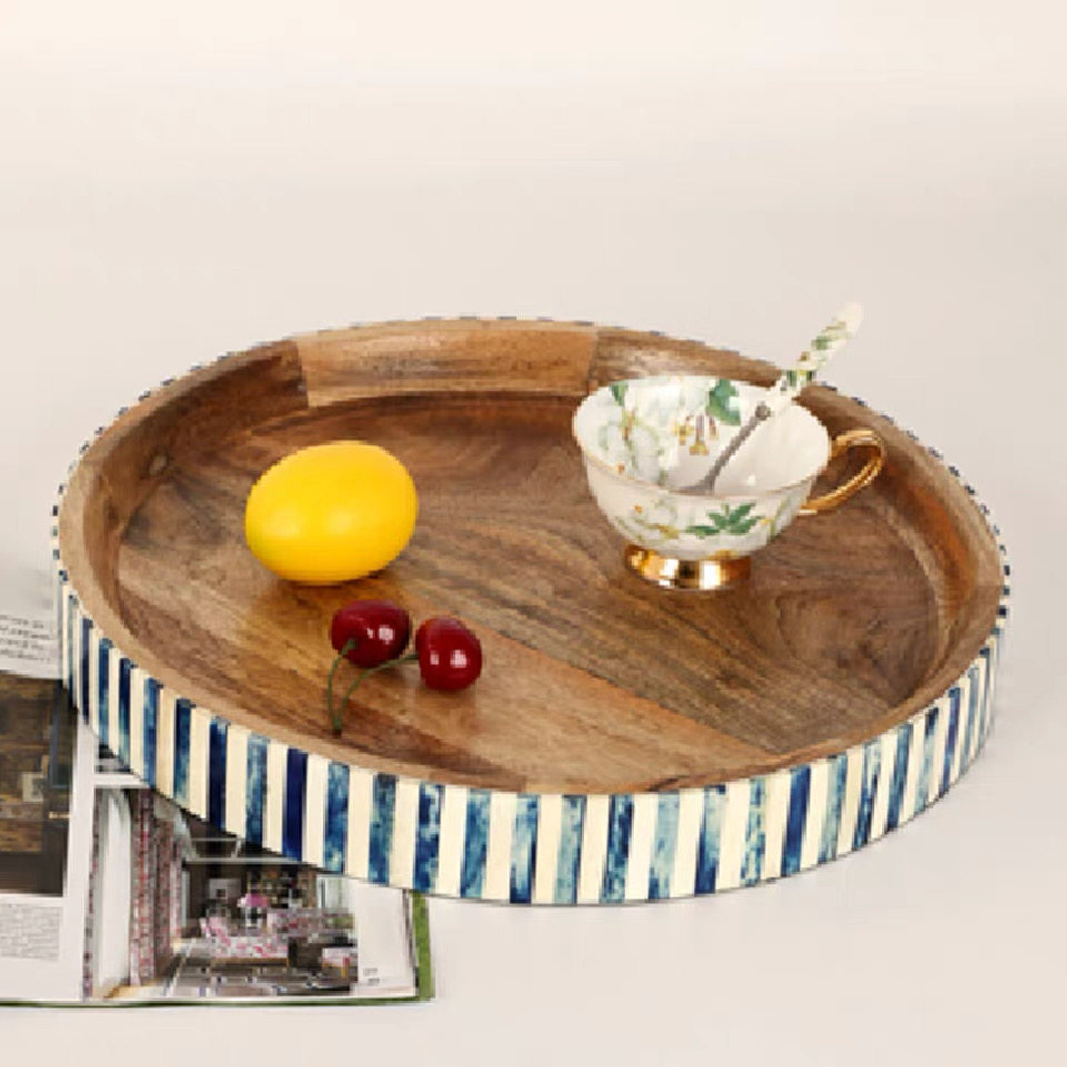 印度进口复古怀旧牛骨拼接木制圆形托盘别墅样板餐桌茶几托盘茶盘