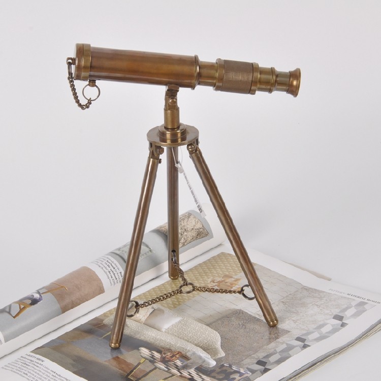 三脚架纯黄铜复古怀旧单筒望远镜造型摆件书房工艺品拍摄道具礼品