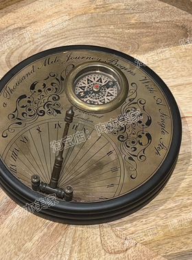复古圆形黄铜罗盘日晷指南针创意书房摆件书桌工艺品道具印度进口