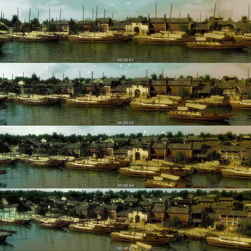 古代码头 古镇村落 港口 3d动画 三维建筑漫游 城市历史 视频素材